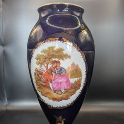 Limoges Castel Fragonard Cobalt Blue Gold Accented Porcelain Vase - Courting Couple