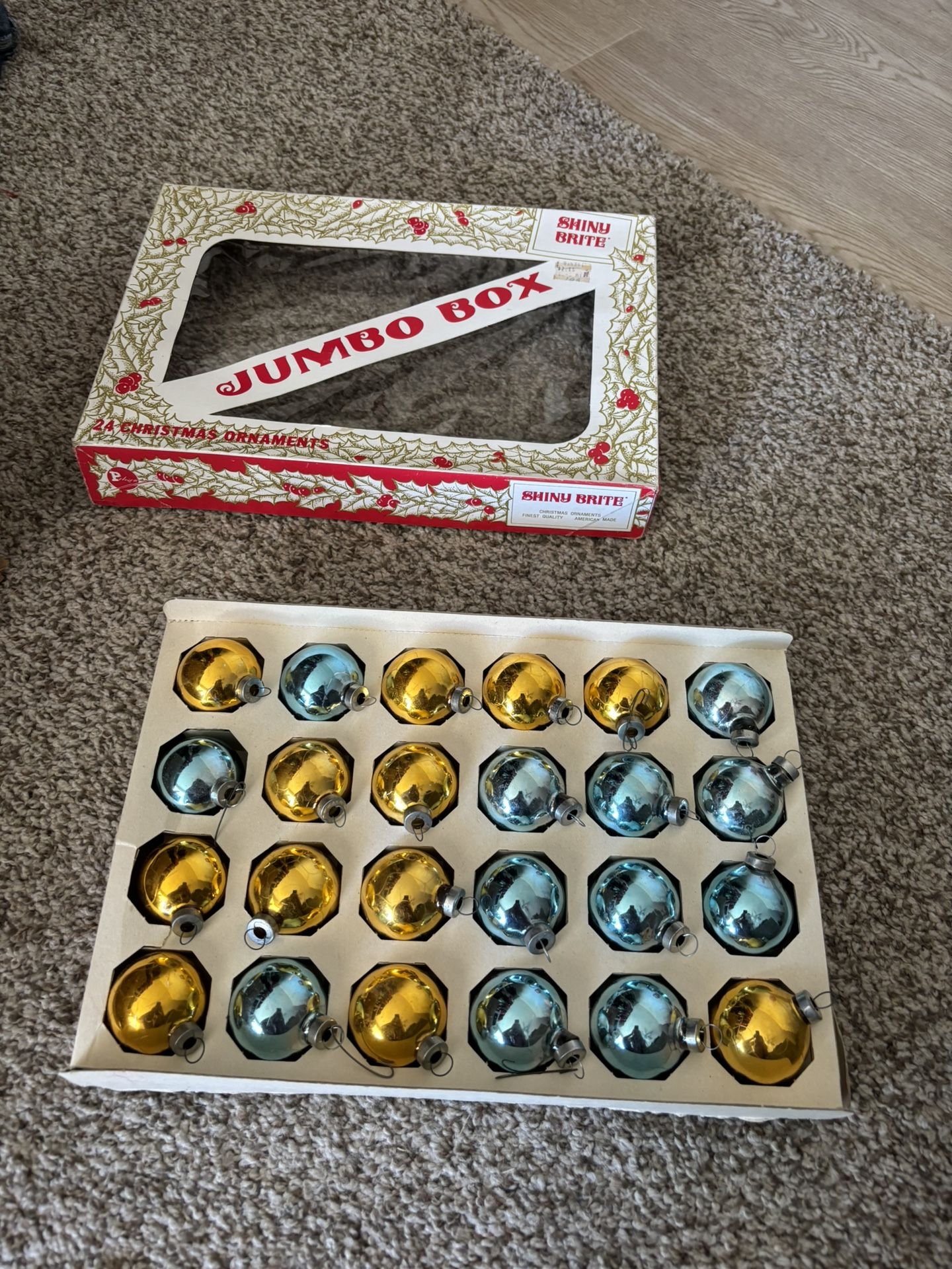 Vintage Shiny Brite Jumbo Box of 24 Count Small Round Christmas Blue & Gold Glass Ornaments