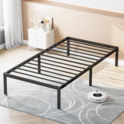 OLIXIS Metal Twin Bed Frame - 14in High with Storage Space, No Box Spring Needed with Sturdy Steel Slat Support, 350LBS Heavy Duty for Easy Assembly, 