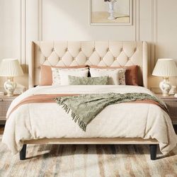 Full Size Upholstered Bed Frame, Button Tufted Design, Beige Platform Bed Frame, Wingback Headboard, Easy Assembly, No Box Spring Needed