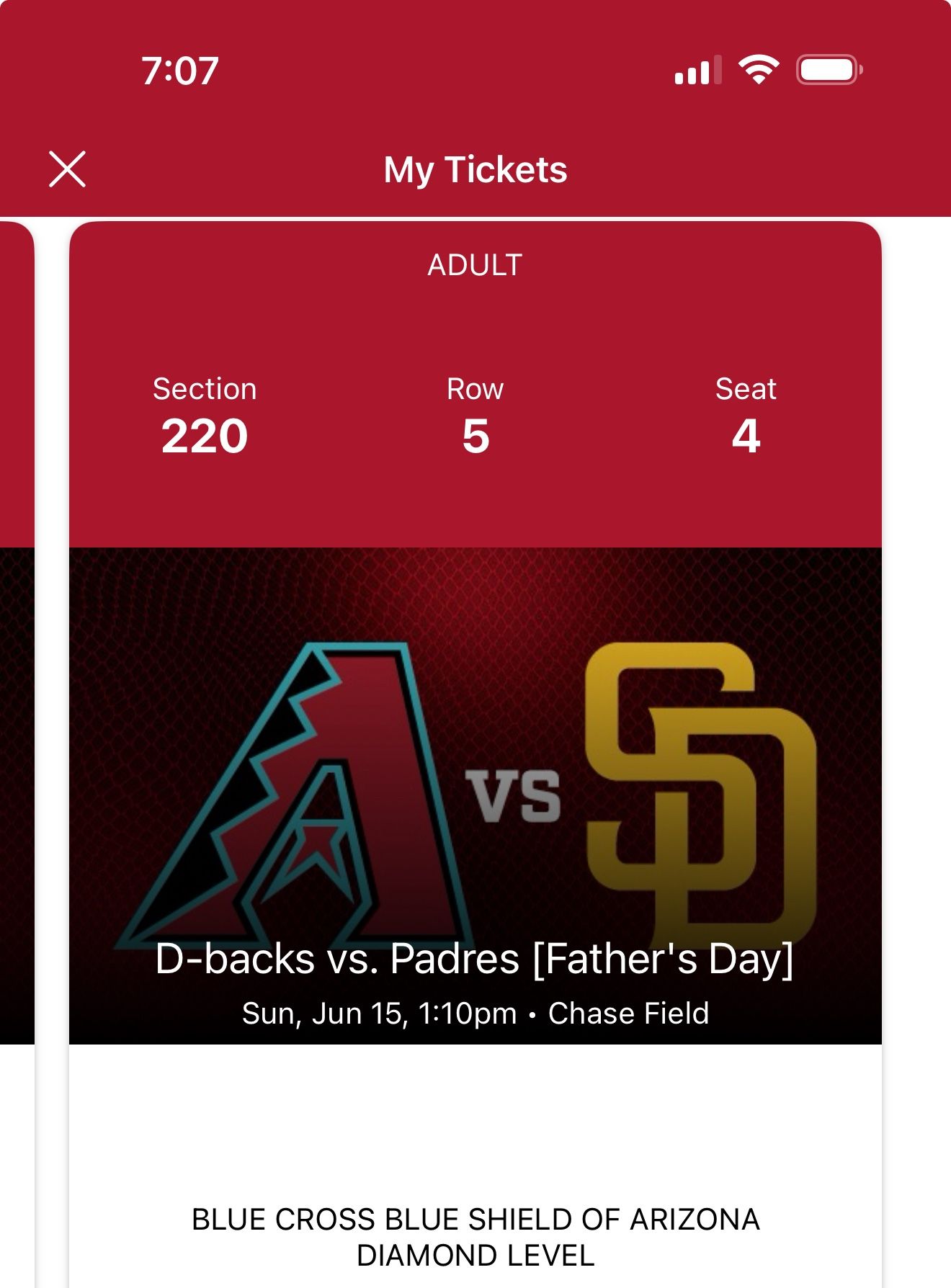 Arizona Diamondbacks Single Ticket(1) Vs. SD Padres 6/15