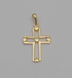 14K Yellow Gold Small Openwork Cross Pendant Heart Accents 20.3mm 0.7g