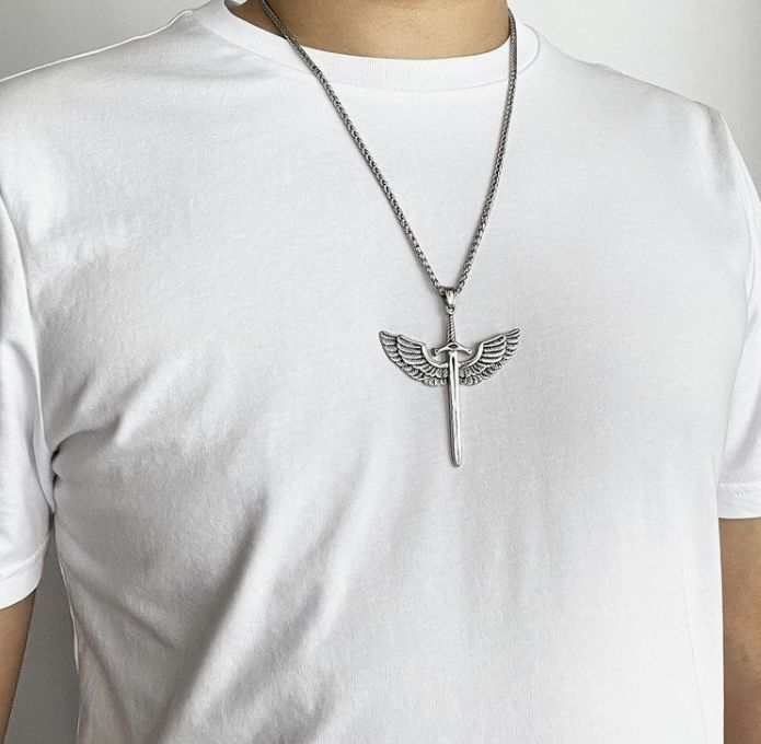 Mens Stainless Steel Pendant Necklace Angel Wings Sword Cross Pendant with 24 Inches Link Chain