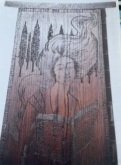 Antique Pyrographic Bookstand With Beautiful Carving Of A Woman Reading A Book