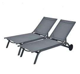 2 Pieces Outdoor Aluminum Chaise Lounge, Patio Lounge Recliner Chair w/6 Adjustable Backrest, Reclining Chaise Chair with Wheels for Beach, Yard, Balc
