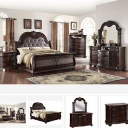 Stanley Cherry Brown Upholstered Sleigh Bedroom Set ( Queen, king, twin, full bedroom set - bed frame- tall dresser, nightstand and chest, mattress op