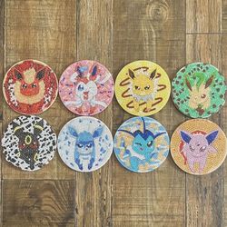 Set of 8 Pokémon Rhinestone Gem Diamond Painting Art Coasters, with Metal Holder & Cork Bottoms, Pokemon Eevee Evolutions, Eeveelutions, Never Used!