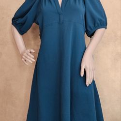 NWT CALVIN KLEIN Split Neck Puff Sleeve Empire Waist A Line Teal Dress 12P