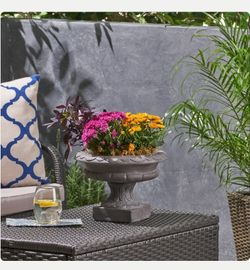 Gray Concrete Round Antique Inspired Design Planter Flower Garden Pot