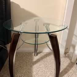 Side tables-Glass with dark wood legs. Set of 2