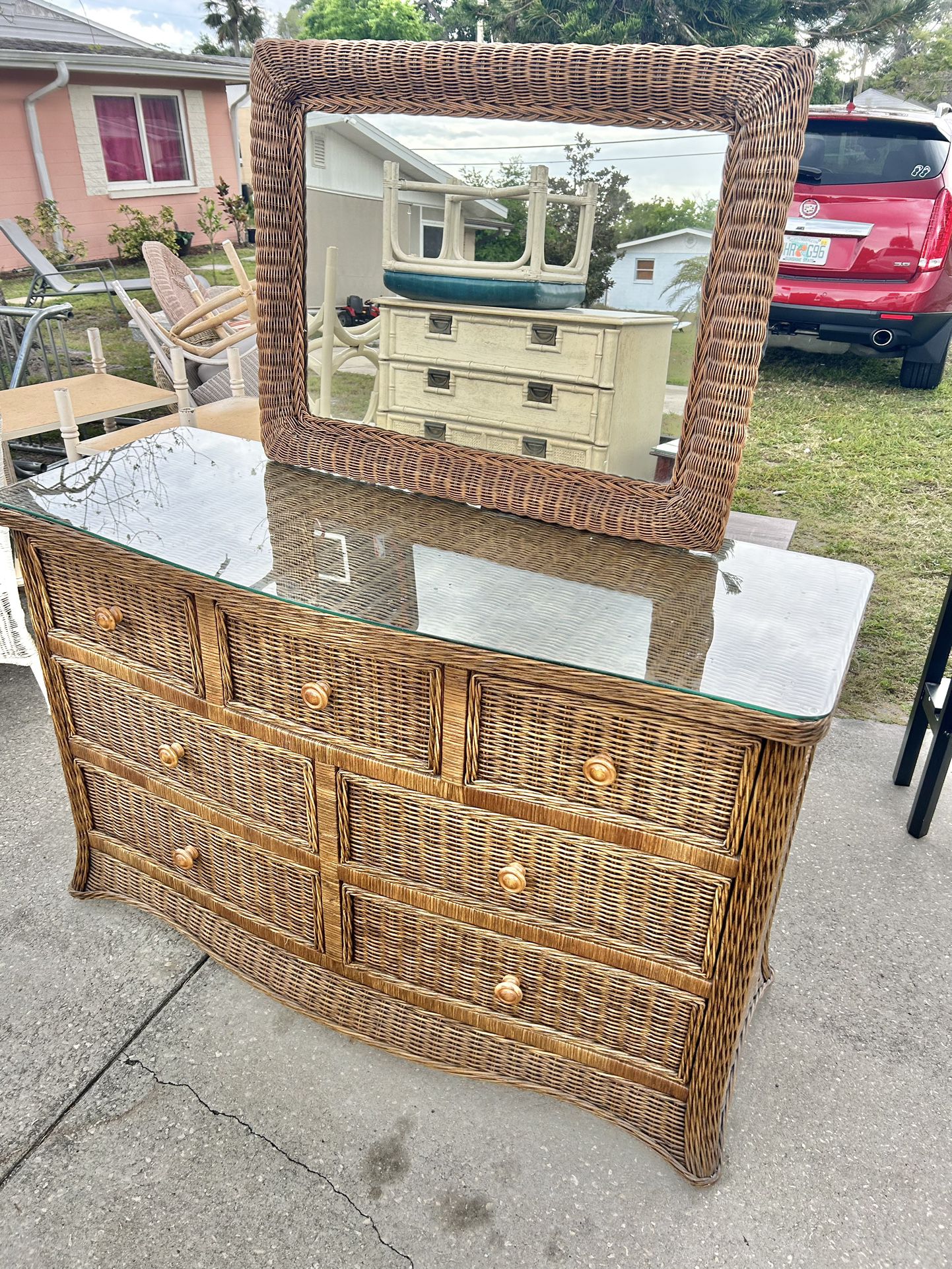 Wicker Dresser With Mirror And Glass Top 