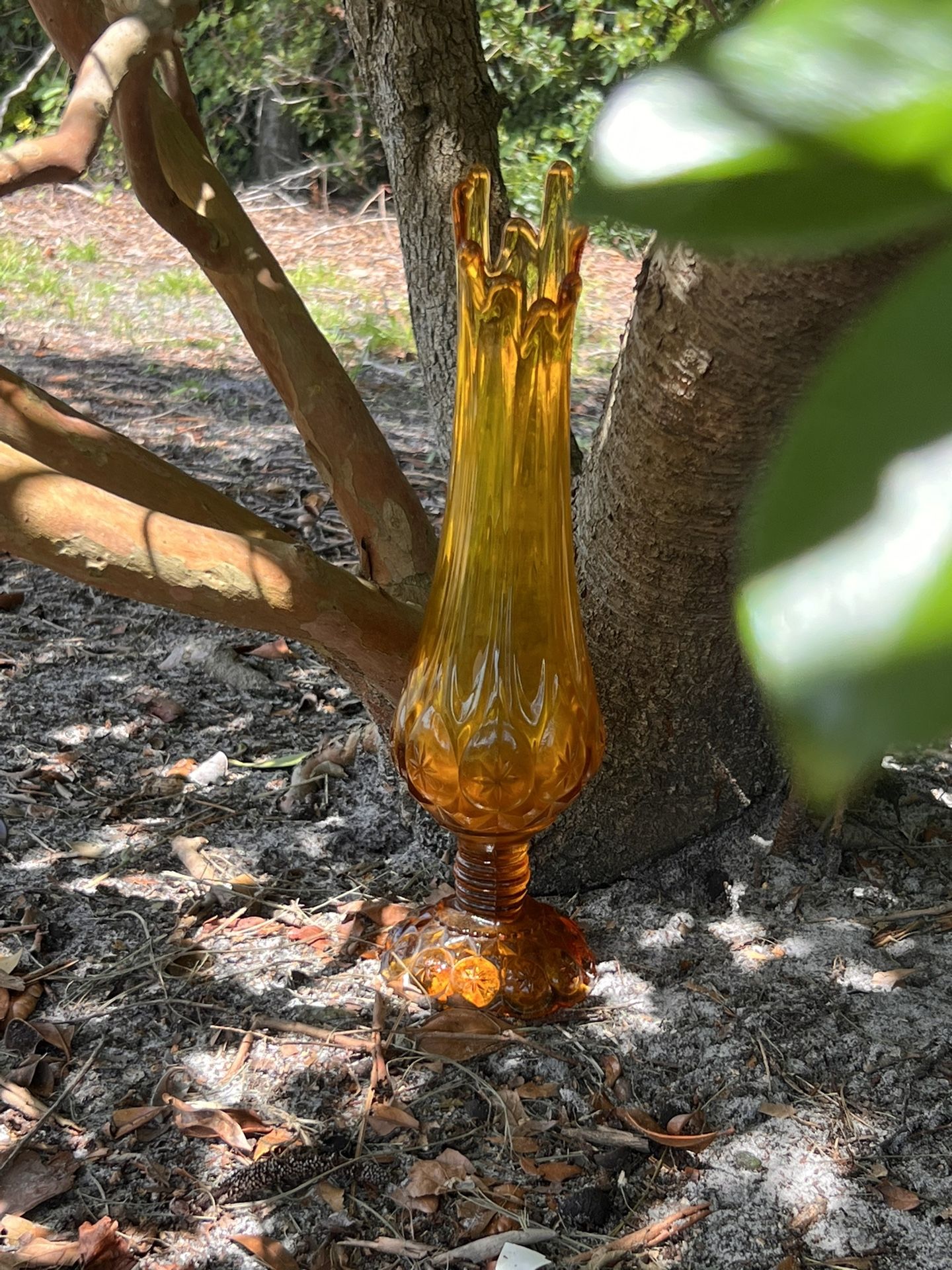 Moon and Stars Yellow Swing Vase Vintage Midcentury Kanawha Swung Amber Glass