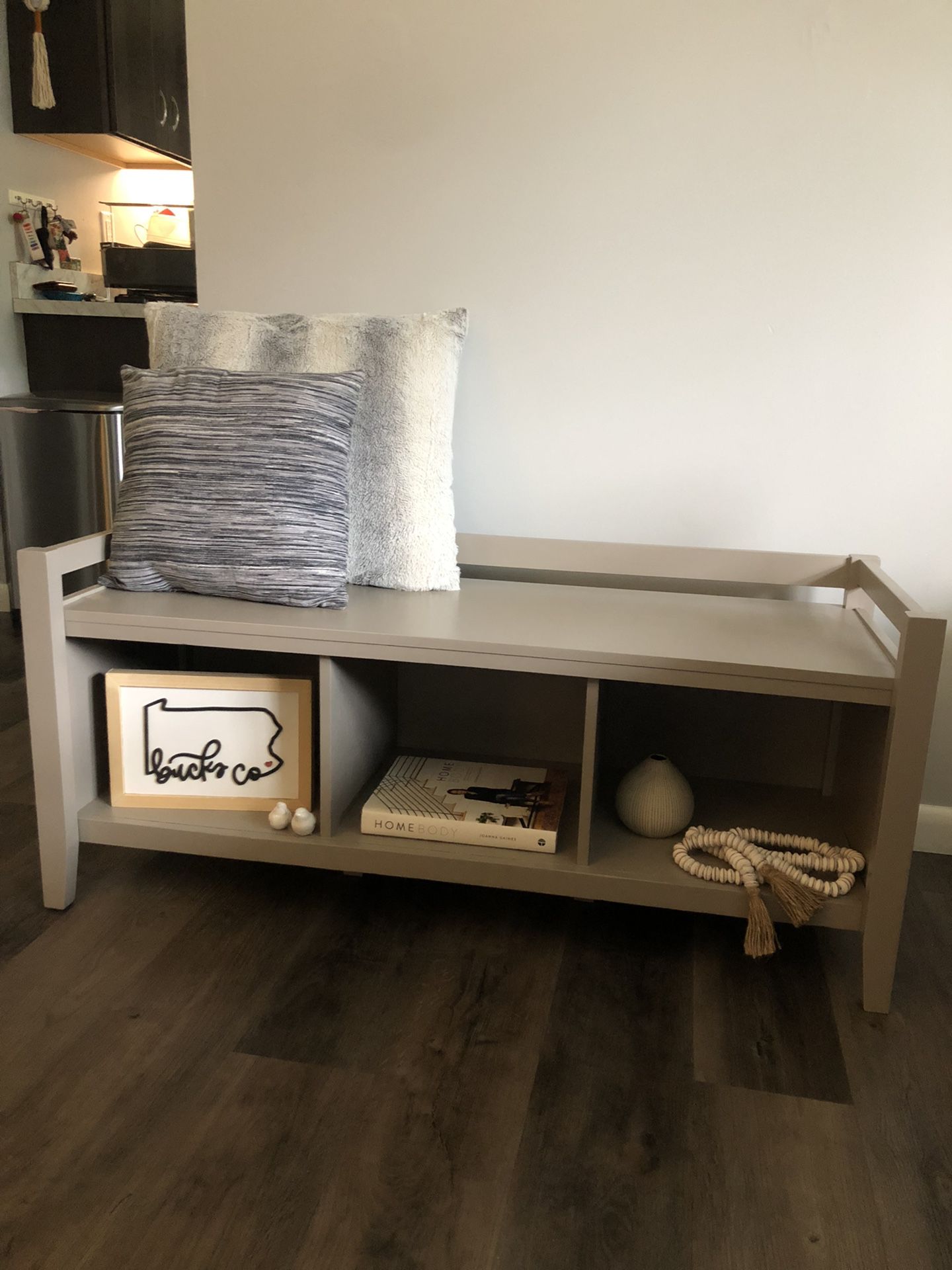 Modern wooden bench with cubbies