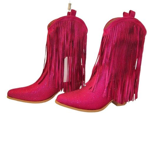 Brand-New Hot-Pink Cowgirl Western Boots w/Sparkly Rhinestones and Fringe (8.5) NWT