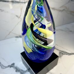 Hand-Blown Art Glass Sculpture | Cobalt Blue, Green & Yellow Swirl | 6” | Modern Studio Glass | Display Base & Box Included