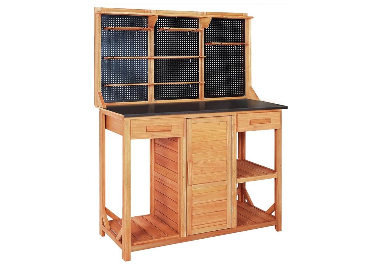 Outdoor Garden Potting Bench, Horticultural Wooden Workstation Table with Storage Drawer, Cabinet, Metal Pegboard, Adjustable Hooks and Shelves for Ba