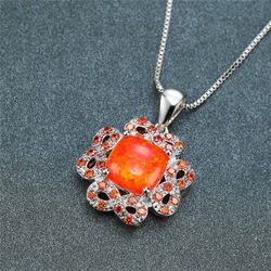 925 Sterling, Silver Fire, Orange, Opal, Sunflower, Pendant Necklace