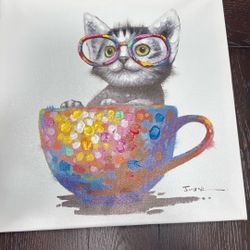 Modern Abstract Pop 16" x 16” Art Deco Cute  Cat Wearing Glasses In A Coffee Cup