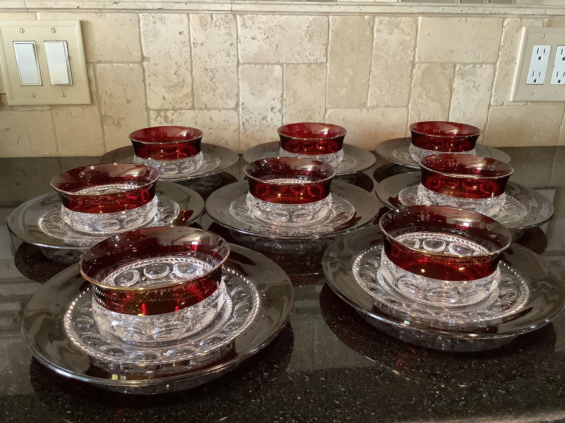 Indiana Glass Tiffin Kings Crown Ruby Flashed Thumbprint Salad Bowl Under Plate AMAZING SET 16 Pieces