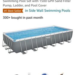 Bestway Power Steel 24' x 12' x 52" Rectangular Metal Frame Above Ground Swimming Pool Set with 1500 GPH Sand Filter Pump, Ladder, and Pool Cover

