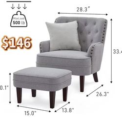 😀 Accent Chair with Ottoman and Pillow, Living Room Club Chair and Ottoman Set with Bronzer Nail Head Trim Wooden Legs, Upholstered Button Tufted Arm