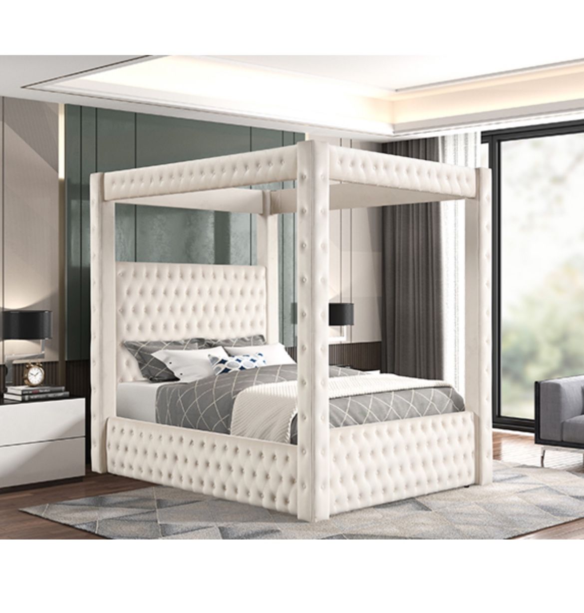Ivory Canopy Bed Frame Button Tufted 87” Tall Brand New In Box Firm Price Queen $599 Eastern King $660