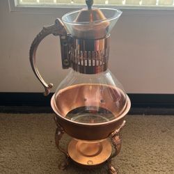 Vintage Corning Heat Proof Glass Coffee/Tea Carafe Pot with Copper Warmer Stand