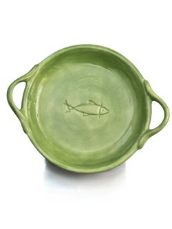 Pottery Barn Paella Green Fish Stoneware Dish Plate Cookware With Handles