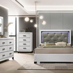 brand new in box! Queen size 7 pieces( Bedframe/Chest/Nightstand/Dresser/ Box Spring/Mattress 13”Mirror:Delivery Available