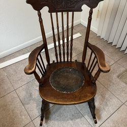 Antique Oak Rocking Chair With Leather Printed Seat