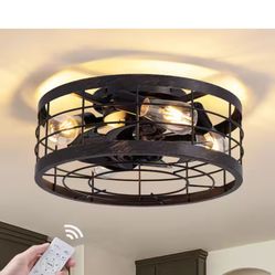 Pacific Core 16 in. Indoor Industrial Round Caged Low Profile Ceiling Fans with No Bulb Included with Remote Included @B14-307