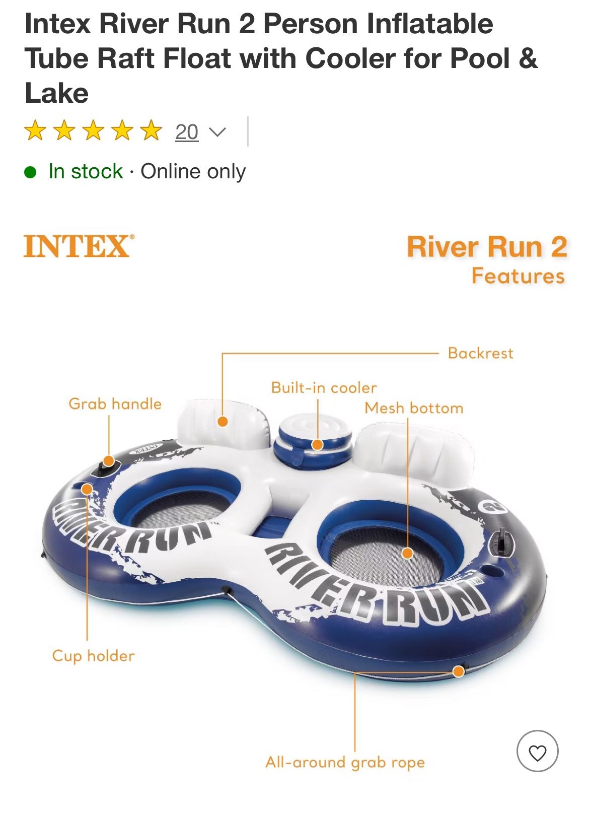 Intex River Run 2 Person Inflatable Tube Raft Float with Cooler 
