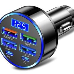 NEW 6 Ports Fast Car Charger with Voltage Monitor,Car Cigarette Lighter USB Charger (PD+QC3.0) Compatible with iphone13/14/15 & Most Android Models,Ca