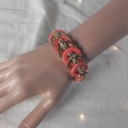 Woman's Gold Tone Metal and Orange Acrylic Stretch Bracelet