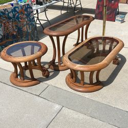 Vintage Late 70s-80s Postmodern Oak Table Set 3 Pieces 