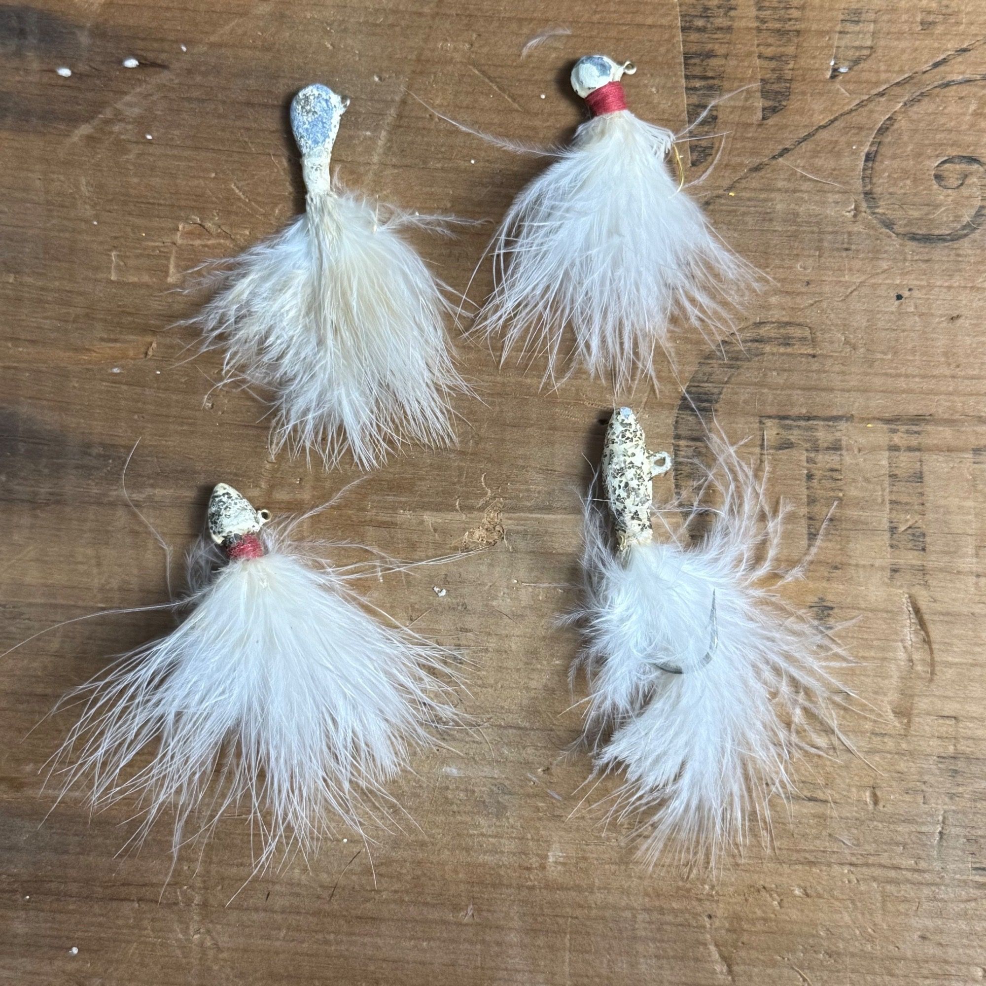 Lot of 4 Vintage White Feather Fishing Lures Jigs