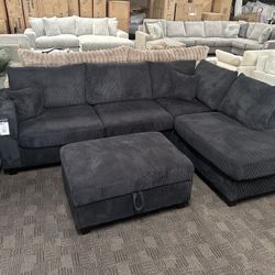 NEW Black Corduroy Sectional W Ottoman