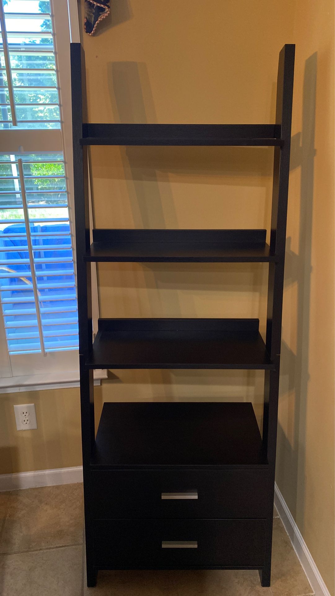 Monarch Ladder Bookcase shelf with two drawers. Color cappuccino.