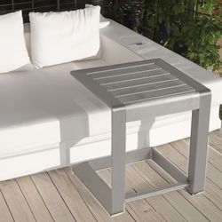 Matte Silver / Gray Outdoor Patio Aluminum Side Table w/ Slatted Top (16" Square/ 18" Height) [NEW]  **No Assembly Req