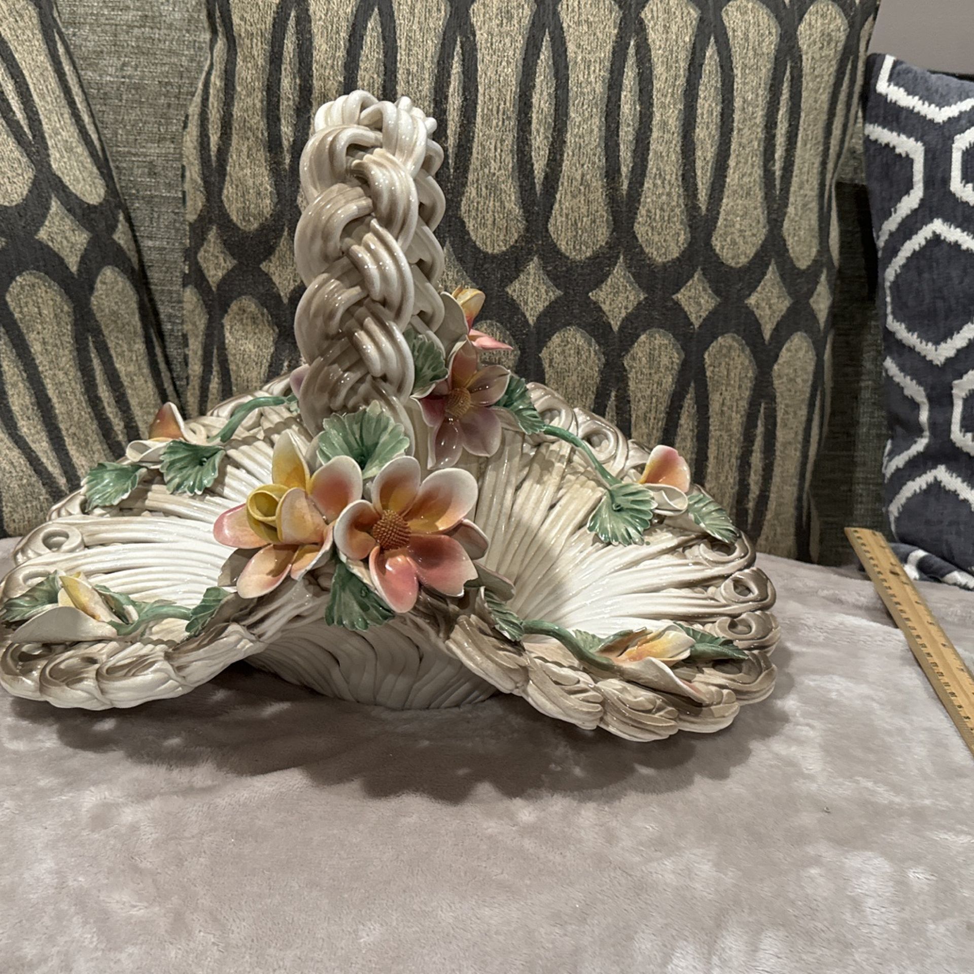 Vintage Large Woven Porcelain Floral Basket Classic Style 