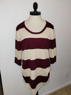 Pink Rose Womens Plus 1X Striped Sweater Beige Burgundy