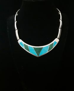 17.5" Solid Sterling Silver Wide & Heavy Handcrafted Blue Turquoise & Green Gespasite Inlay Link Statement Necklace, signed