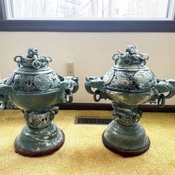 Natural Jadeite Dragon Pixiu Ding Incense Urns
