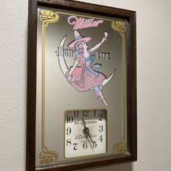 Vintage 1970's Miller High Life LADY ON THE MOON Mirror Clock George Nathan 13”