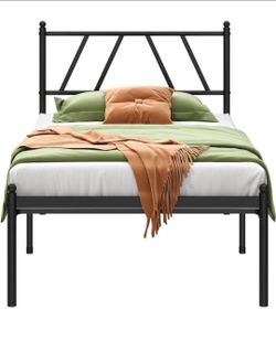 Twin size 14" Bed  Metal Platform Bed Frame with Headboard, 14 Inches Twin Bed, No Box Spring Needed, Steel Slat Support, Black, Easy Assembly