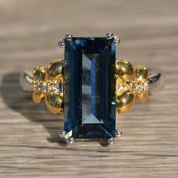 Blue Topaz Cocktail/Engagement Ring w/ Diamonds Size 7