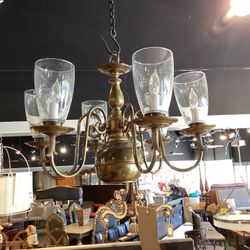 Vintage Brass Chandelier W/ 6lights & 6 Hurricane Glasses  SKU  35B9CC