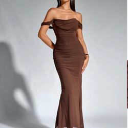 Brown Dress Ruched Corset Mesh Off The Shoulder