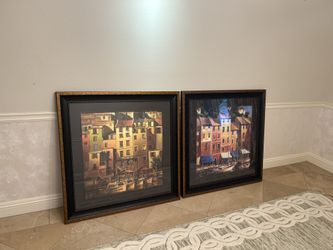 THREE PIECES OF FRAMED MEDITERRANEAN ART – EUROPEAN VILLAGES & TUSCAN LANDSCAPE