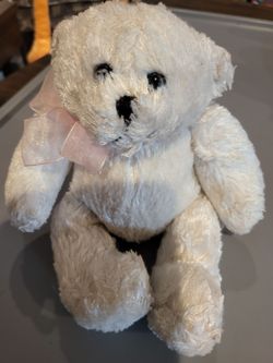 🧸 Kuddle Me Toys White Teddy Bear Plush w/ Pink Bow – 9" Vintage-Style Stuffed Animal